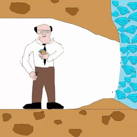 A cartoon man underground beside a wall of diamonds